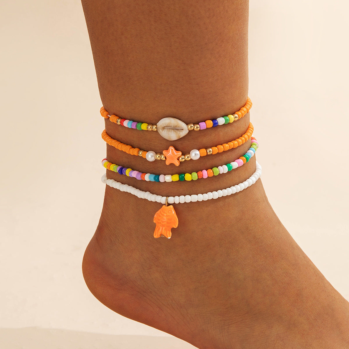 Wholesale 10pcs/pack Bohemian style colorful rice beads starfish shell four-layer foot ornament anklet